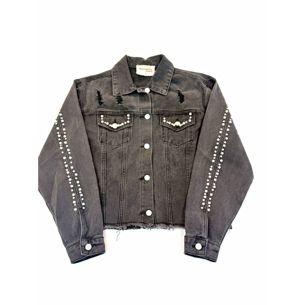 Savanna Jane Gray Studded Distressed Denim Jacket M Button Collared Pockets Y2K